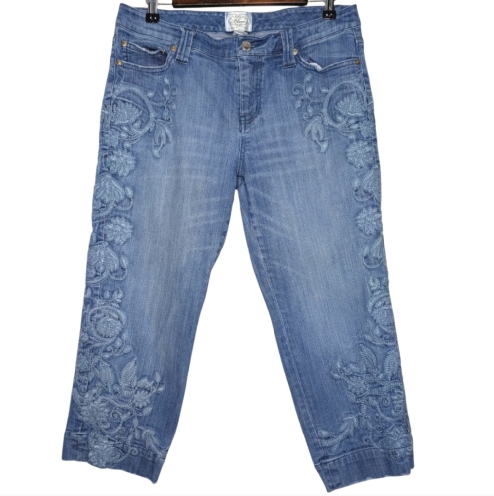 WHBM Blanc Floral Embroidered Cropped Blue Capris Jeans Size 10